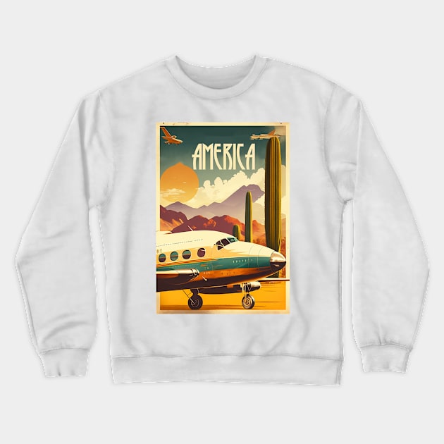 America Plane Vintage Travel Art Poster Crewneck Sweatshirt by OldTravelArt